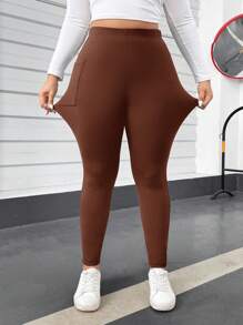 SHEIN Essnce 大码女装春夏时尚休闲舒适日常高弹修身带口袋打底裤，春季女裤，机场休闲，曲线裤，街头风女装，外出休闲 - 棕色 - 查看 3