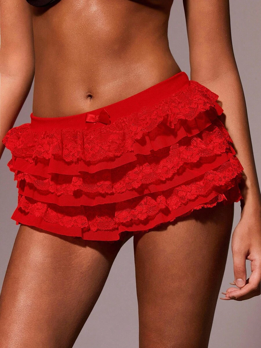 Athîral Summer Women Balletcore Sweet Bow Kawaii Mesh Contrast Lace Ruffle Trim Low Waist Micro Mini Shorts Summer Shorts Beach Holiday,Red Ruffle Shorts,Christmas Outfits - Red - View 1