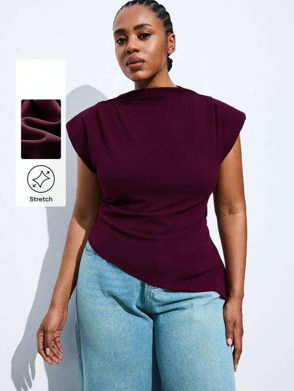 Maija Blusa sin mangas de talla grande con diseño asimétrico y recogido en la Bottom, de unicolor, ideal para el otoño, el regreso a la escuela, el homecoming, con un estilo modesto y vintage, apropiada para mujeres, con un toque romántico y versátil