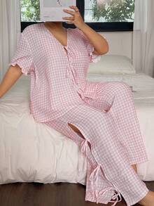 SHEIN Dream Adore Plaid Print Tie-Up Plus Size Women Summer Pajama Set, Outfits - Pink - View 5