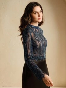 Anewsta 女士时尚串珠亮片装饰长袖休闲上衣 - 藍色 - 查看 6