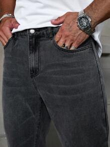 Manfinity Homme Jeans casual da uomo a gamba dritta, jeans neri lisci e lavati lunghi, adatti come regalo per marito o fidanzato