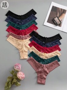SHEIN Conjunto de 12 Peças de Calcinha Maiô Bikini de Renda Romântica e Sexy para Mulheres, Cores Variadas - Multicolorido - Visão 2