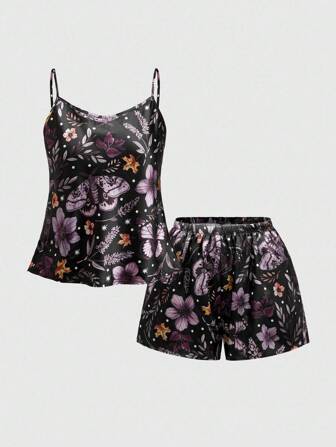 Gothic Butterfly, Snake Skin, Floral Print Satin Camisole & Shorts Pajama Set