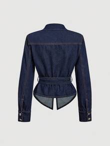 Sweetra Women's Casual Commuter Denim Jacket With Belt - Blue - View 2