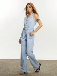 SHEIN EZwear Pantalon salopette en jean décontracté et élégant pour femmes - Bleu azur - Voir 5
