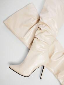 SHUZIA Giày bốt cao đến đùi đế xuồng màu nâu PU bán chạy nhất dành cho nữ, có gót nhọn - Gợi cảm & Thoải mái, Khóa kéo bên hông dễ dàng - Màu be - Xem 3