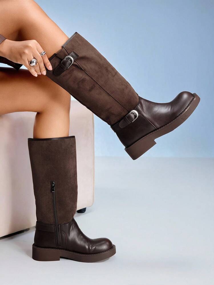 CUCCOO GRLICON Women's Coffee Brown Pull-On Thick Sole Chunky Heel Riding Boots, Versatile For Fall/Winter, Suitable For Halloween, Christmas, New Year, Date Night, Shark Boots