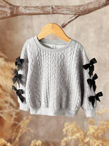 SHEIN Young Girl Bowknot Decor Knitted Padded Sweatshirt,Princess 7th Birthday Career Day Back-To-School Autumn Color-Block Round Neck Cropped Sweatshirt - Grey - View 5