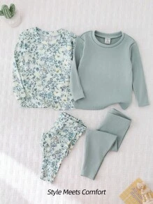 SHEIN LMoss Kids 4件套少女花卉印花针织休闲T恤和裤子家居服套装 - 彩色 - 查看 7