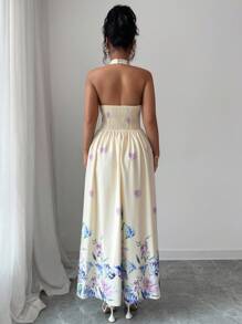 Rafferiza 女式夏季新款露背印花休闲优雅连衣裙 - 黃色 - 查看 2