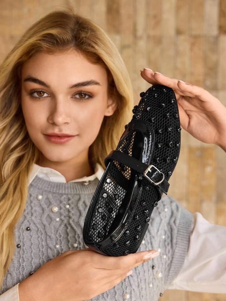 WOMEN SHOES NEW FRENCH FASHION RIVET MESH WITH BUCKLE SQUARE TOE FLAT SOLE SHOES, VERSATILE, COMFORTABLE AND LIGHTWEIGHT, SIMPLE FAIRY STYLE ELEGANT ELEGANT AND ADVANCED HOLIDAY STYLE MARY JANE SHOES SPRING SHOES