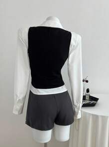 Elamini 2pcs Women's Autumn Outfit, Long Sleeve Vest & Blouse With Bowknot And Ruffle Hem Fall Cloth For Women - Black and White - View 2