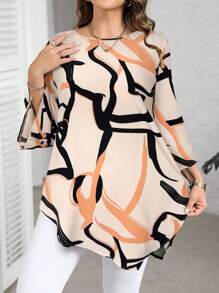 EMERY ROSE Plus Size Round Neck Long Sleeve Allover Print Fashionable Shirt,Fall Clothes - Multicolor - View 4