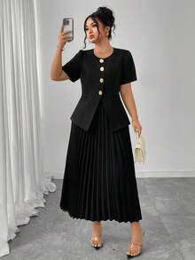 Elenzga Plus Size Women Metal Button Decor Round Neck Top And Pleated Skirt Elegant 2 Pieces Set
