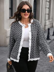 EMERY ROSE Plus Size Women Contrast Color Knitted Long Sleeve Cardigan Winter Fall Autumn - Black and White - View 1