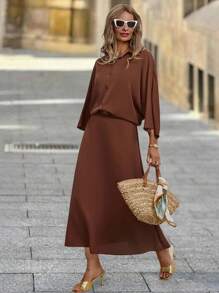 SHEIN Clasi Women's Elegant Autumn Shirt Dress 2 Pieces Set,Coffee Brown Vintage French Style Outfit,Teacher Outfits,Fall Clothes,Brunch Country Suit - Mocha Brown - View 4