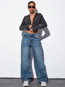 EURMUSE Damen Weite Jeans mit Taschen und Destroyed-Optik, lässig und vielseitig einsetzbar