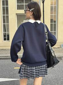 SHEIN 2pcs/Set White Collar Navy Sweatshirt + Plaid Pleated Mini Skirt Outfit Fall Winter