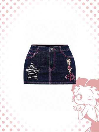 Betty Boop | ROMWE Women Vintage Y2K Baddie Low Waist Figure & Letter Graphic Zebra Print Embroidered Mini Denim Skirt