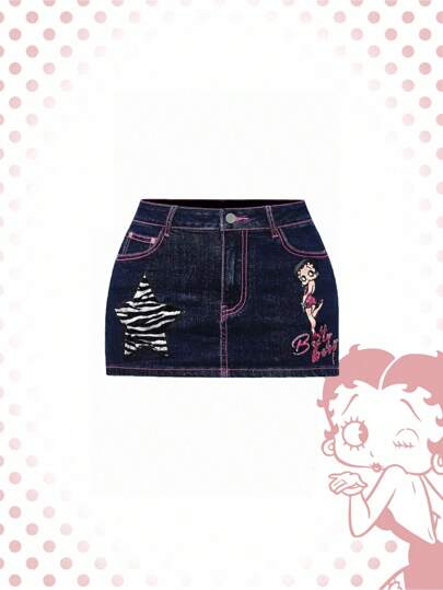Betty Boop | ROMWE Gonna di jeans mini ricamata con figura a vita bassa e lettera in zirconia zebrata, stile vintage Y2K Baddie