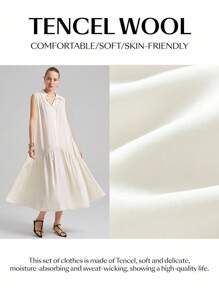Ontre 2025 Women's Casual Commuting Solid Color Sleeveless Mid-Length Shirt Dress - White - View 2