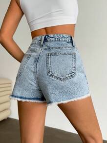 EURMUSE 100%Cotton Back Label Detailed Short With Destroy Summer Outfits For Women - Medium Wash - View 2