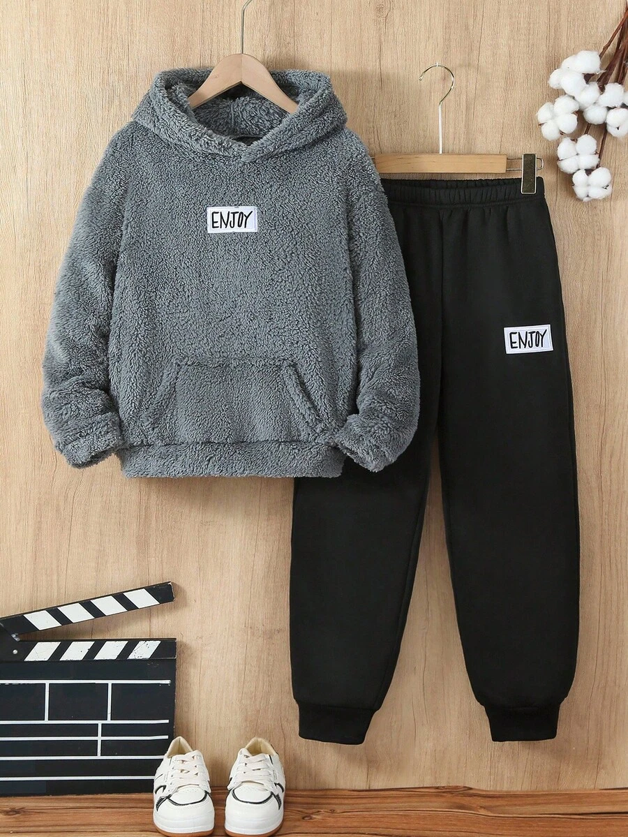 男童休闲羊毛连帽卫衣套装，适合秋冬季上学和休闲穿着 - 彩色 - 查看 1