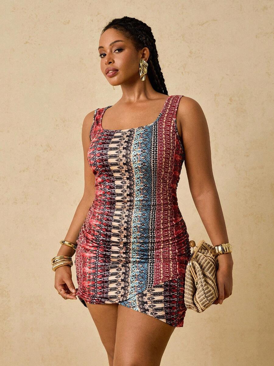 SHEIN VCAY Plus Size Women's Square Neck Ruffle Striped Print Sleeveless Knit Mini Dress, Vacation Summer Work Outfits Concert Outfits For Women Boho Women Clothing Rave Pink Outfit Women