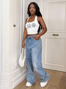 SHEIN PETITE CURVE Top tipo camiseta sin espalda, ajustado, de cuello de halter, para mujer talla grande