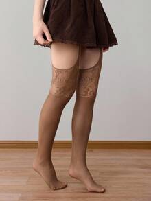 ROMWE Goth 1Pair Dark Punk Coffee On Flower Lace Garter Fishnet Socks - Coffee Brown - View 4