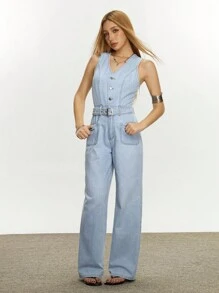 SHEIN EZwear Pantalon salopette en jean décontracté et élégant pour femmes - Bleu azur - Voir 4