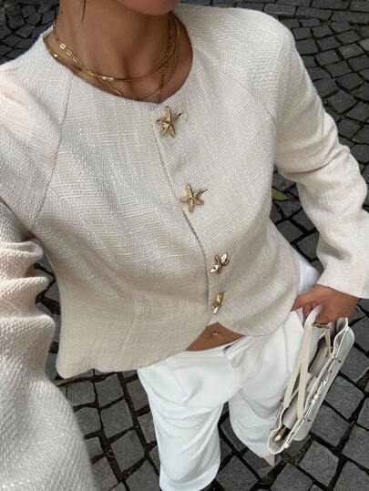 Siren Gaze New Autumn And Winter Tweed Cropped Jacket For Women, Metal Button Decorated Linen Jacket, Fashionable Street Commuting Wear, Old Money Style White Cardigan Women Linen Blouses For Women Casual
