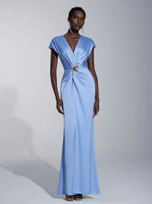 Elitara Váy phù dâu chữ A xếp ly tay ngắn màu cà phê thanh lịch và lãng mạn có xẻ tà - Màu xanh nhạt - Xem 4