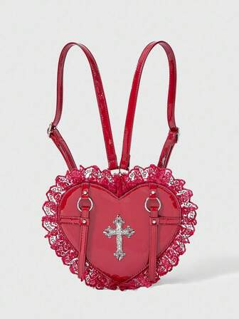 Goth Zaino da donna alla moda in stile Y2K con decorazioni a cuore e pizzo