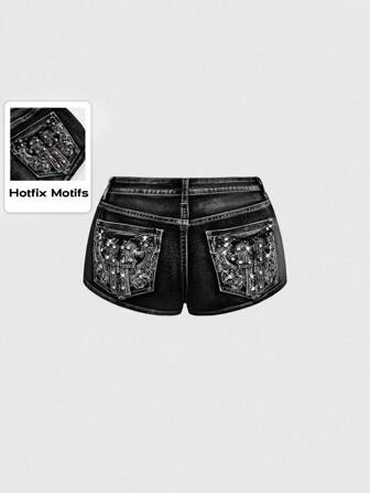 ROMWE Avant Vintage Millennium Punk Taille Tiefe Taille Super Kurze Bestickte Pistole Damen Super Tief Sitzende Denim Shorts