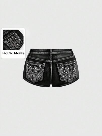 ROMWE Avant Pantaloncini di jeans vintage da donna a vita bassa, vita super corta, con ricamo a pistola, stile punk anni 2000