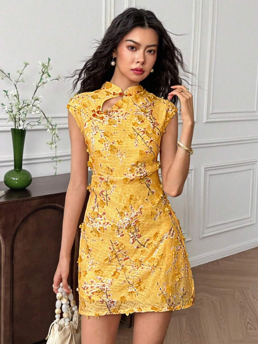 EastFlair Váy ngắn họa tiết hoa 3D thanh lịch dành cho nữ, mùa hè - Màu vàng - Xem 1