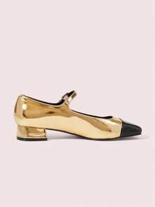 CUCCOO DOLLMOD Women's Square Toe Cute Fashion Comfortable Contrast Color Glossy Elegant Mary Jane Flat Shoes - Gold - View 6