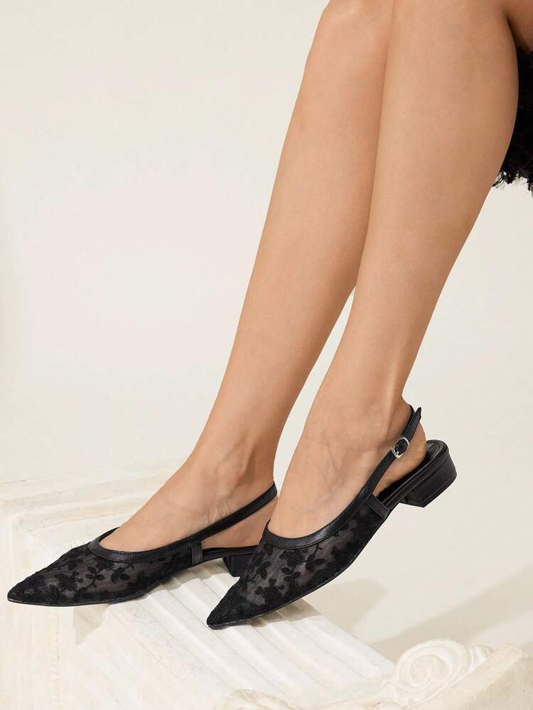 CUCCOO CHICEST 女士优雅百搭舒适黑色网眼蕾丝尖头低跟露跟平底鞋 - 黑色 - 查看 8