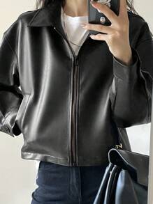 DAZY 女士秋季新款休闲短款宽松夹克，秋季女装 - 黑色 - 查看 3