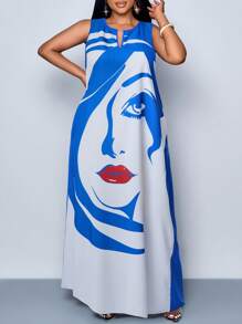 SOLERSUN Plus Size Women's Face Black & White Print V-Neck Long Casual Shirt Dress (With Pockets) Casual Vacation Daily Commute Picnic Street Photography Halloween New Year 2025 New Valentine's Day