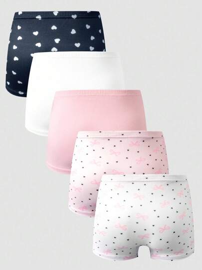 5pcs/Set Girls' Cotton Soft Heart & Star Print Elastic Waist Loose Casual Briefs Underpants For Girls Underwear Cute