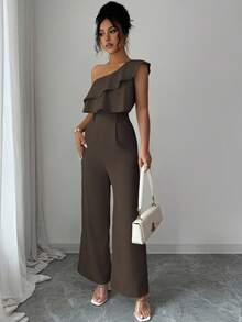Elenzga 女士休闲肩带荷叶边腰阔腿连体裤，适合海滩、办公室、通勤、派对 - 棕色 - 查看 4