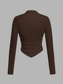 SHEIN SXY 2 件套不对称下摆立领长袖 T 恤，黑色和棕色 - 棕色 - 查看 7