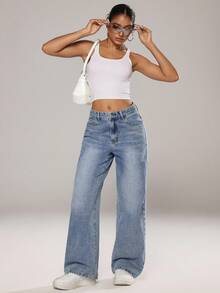 Jeanoix Women's Pocketed Wide Leg Loose Casual Versatile Denim Pants - Medium Wash - View 5