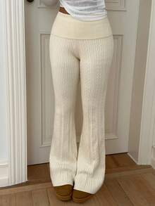 Aloruh Women's Casual Slim Fit Flared Leg Knitted Pants, Versatile For Home, Commute, Outing, Autumn/Winter, Beige,Fall - Apricot - View 4