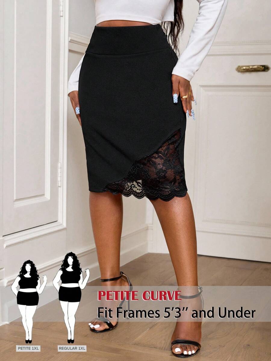 SHEIN PETITE CURVE Saia Feminina Elegante de Renda Comprida até o Joelho em Modelo A-Line, Plus Size