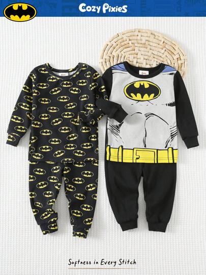 Cozy Pixies SUPERMAN X Cozy Pixies 4pcs Baby Boy Snug Fit Cartoon Pattern Knit Soft Crew Neck Long Sleeve Top And Elastic Waist Pants Tight Pajama Set Fall Winter