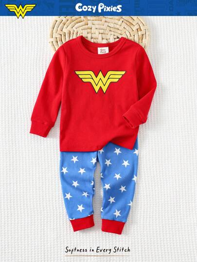 Cozy Pixies SUPERMAN X Cozy Pixies Baby Girl Snug Fit Pajama Set, Soft Knit Star Pattern Crew Neck Long Sleeve Top And Elastic Waist Long Pants, Autumn/Winter Fall